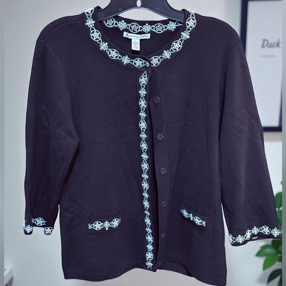 JM Collection Womens cardigan black embellished white pearls  Large